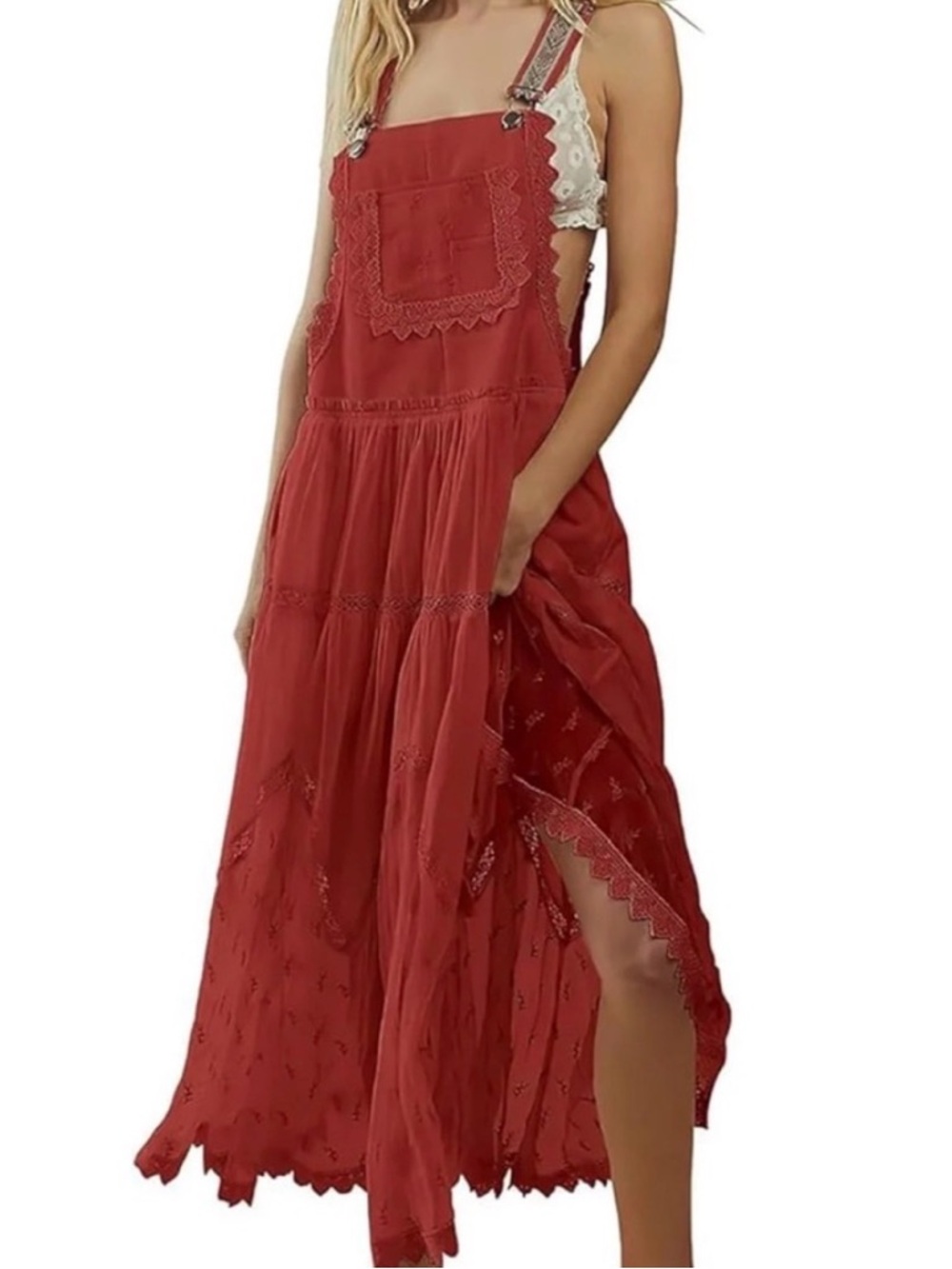 #1120 🌻 Boho Red Midioverall Dress - Women's Casual Sundress